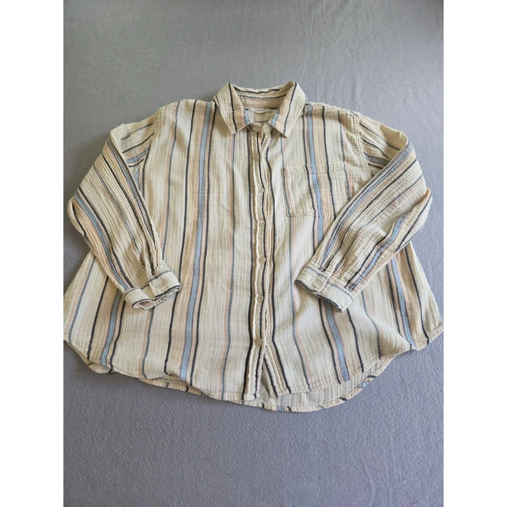 O'Neill Button Down Shirt Womens L Cream Striped Cotton Gauze Long Sleeve Easten - Picture 1 of 7